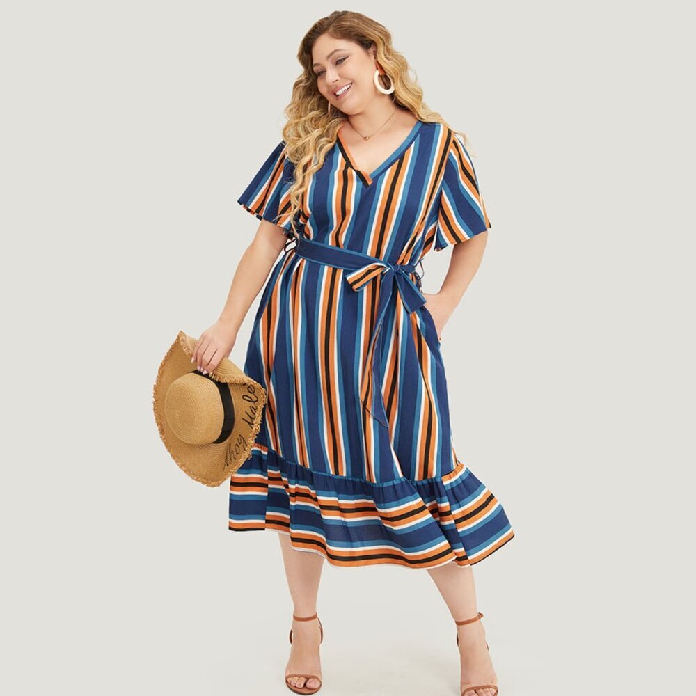 NWT BloomChic Multicolor Striped Contrast Pocket Belted Ruffles Sleeve Dress